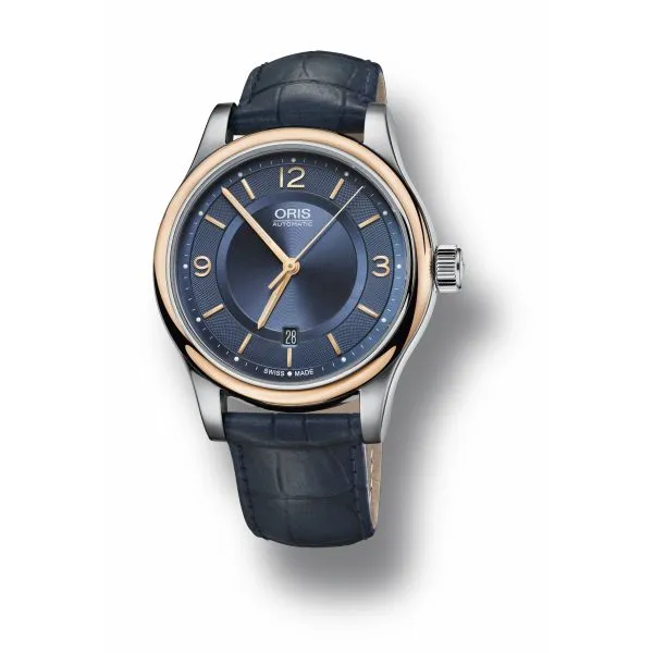 Oris Classic Date Stainless steel gold plated case leather strap and blue dial